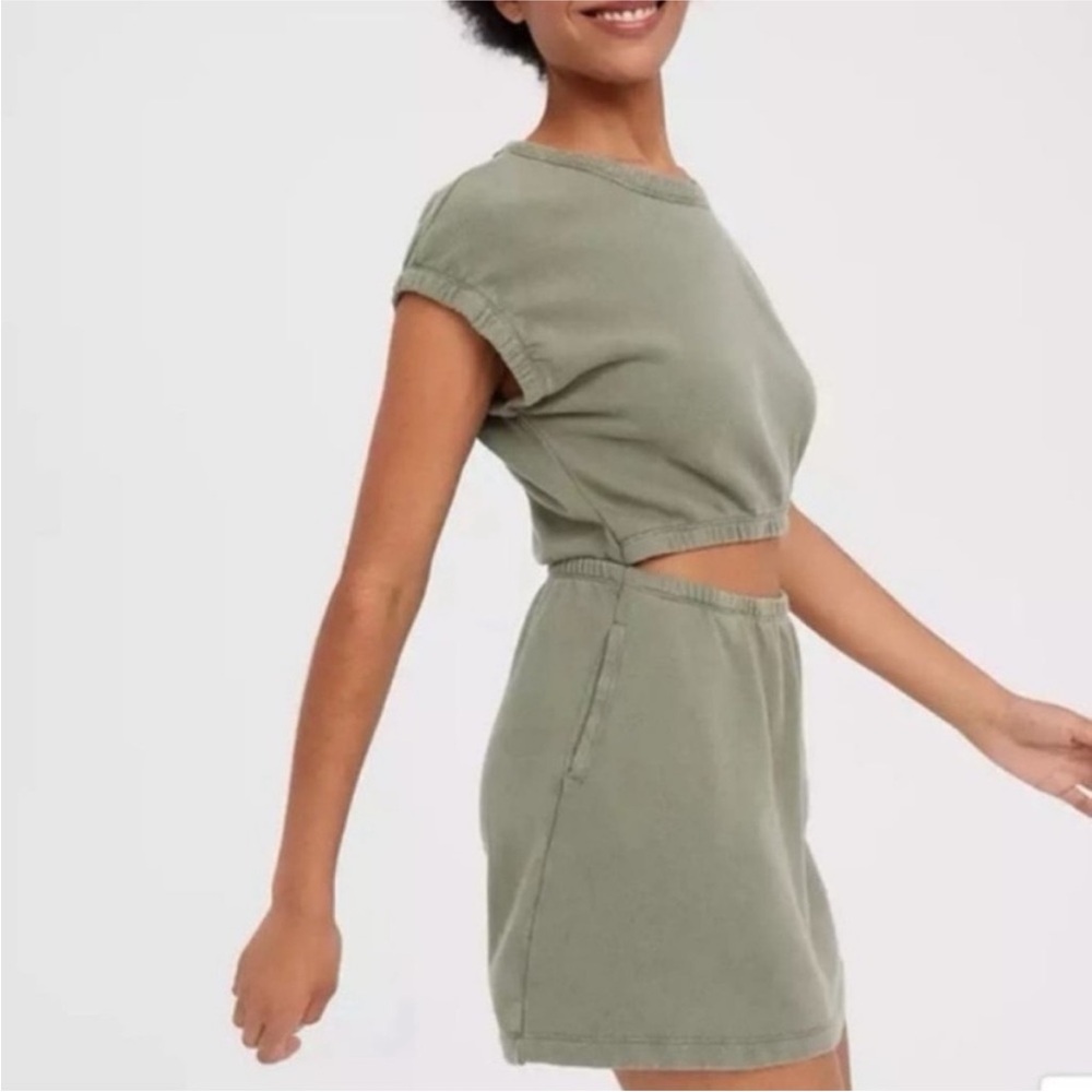 OFFLINE By Aerie Weekend Fleece Olive Cut Out Dress-Olive Green-Size XS